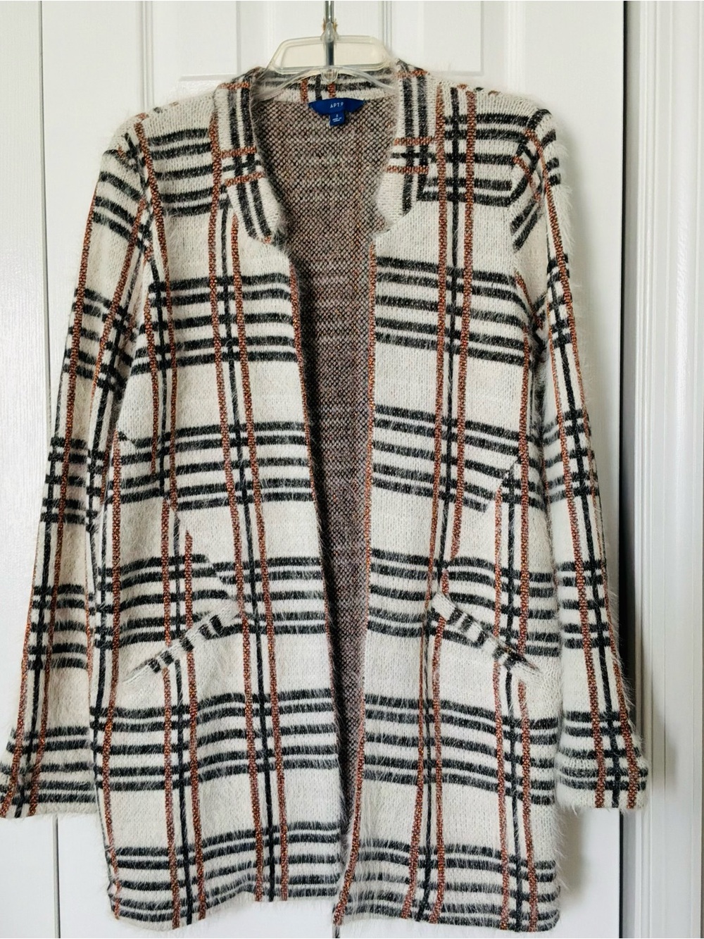 Apt 9 Plaid Open Front Cardigan Sweater Metallic Shimmer Jacket Cream Brown S